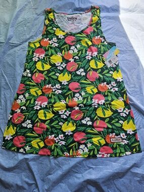 Florida Adult Tropical Casual Dress - Green with Pink & Yellow Fruit Print